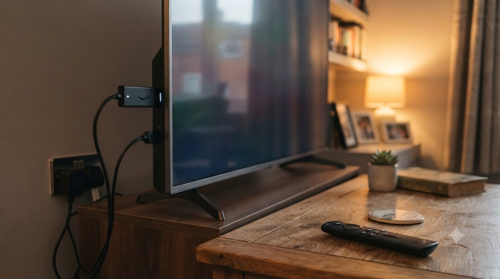 Amazon Fire TV Stick plugged into a smart TV HDMI port