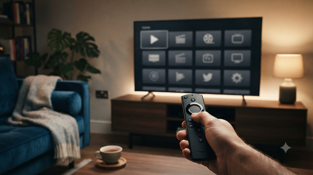 Hand holding a Fire TV remote pointed at a smart TV home screen