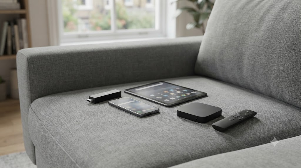 Streaming devices phone tablet stick and remote on a sofa