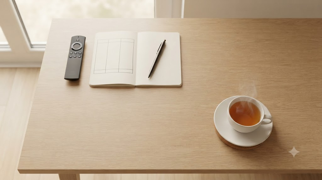 TV remote notebook and tea on a desk for IPTV pricing guide