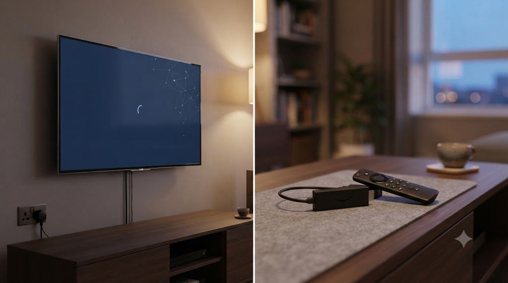 Wall-mounted smart TV and Fire Stick with remote on a table