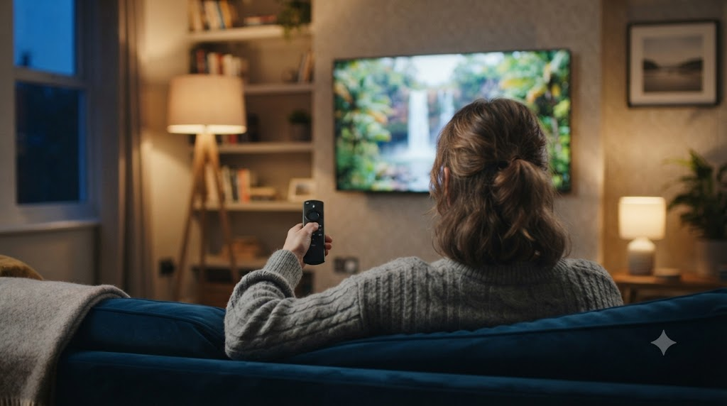 Person watching a wall-mounted smart TV with remote in hand