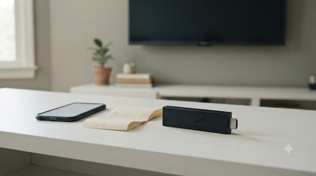 Amazon Fire TV Stick and phone on a table with TV in background