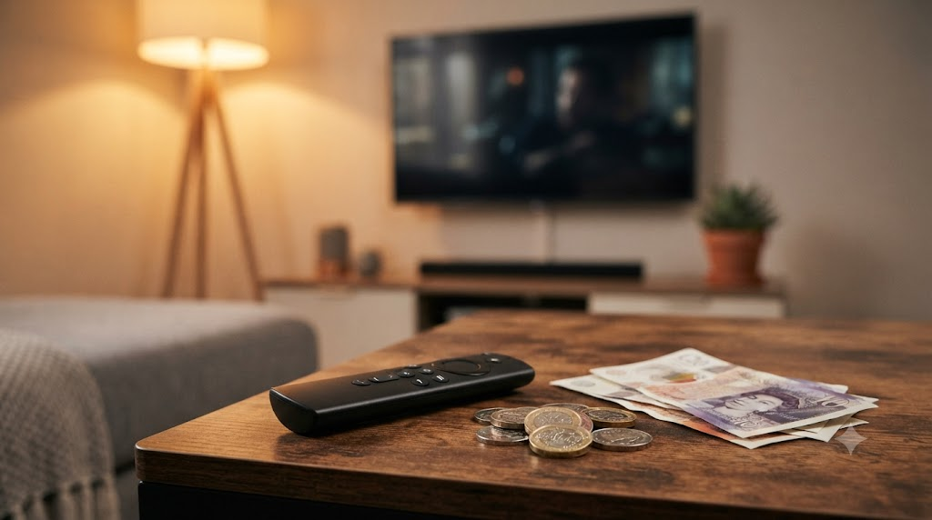 Fire Stick remote and British pound notes on a coffee table