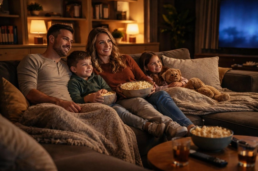 Family cinema night on the sofa